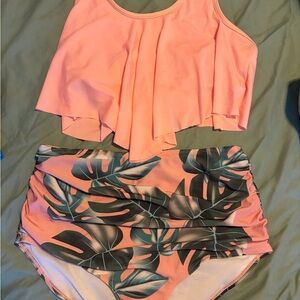 Amazon Pink and Green Leaf Bikini Set